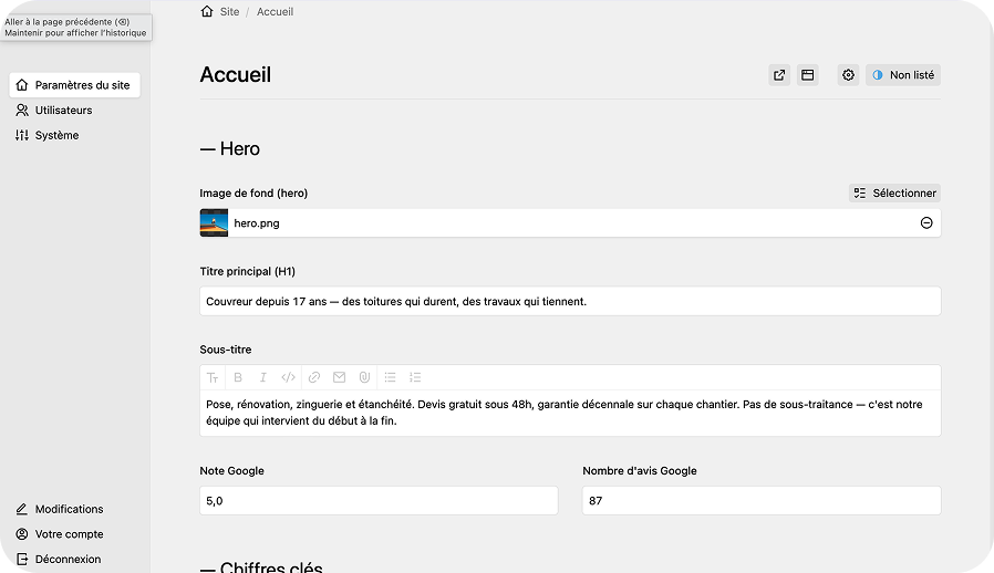 Interface du tableau de bord Kirby CMS